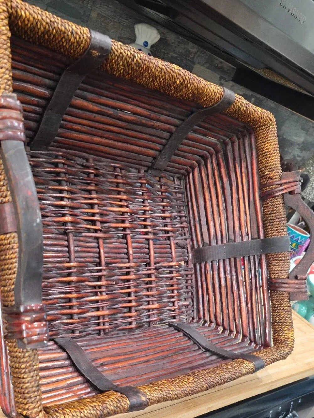Handwoven Brown Rattan Storage Basket with Side Handles